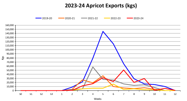 Apricots Year To Date Weekly Volume Graph 2023 24 as at 20240415