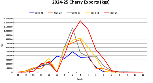 Cherries Year To Date Weekly Volume Graph 2024 25 as at 20250218