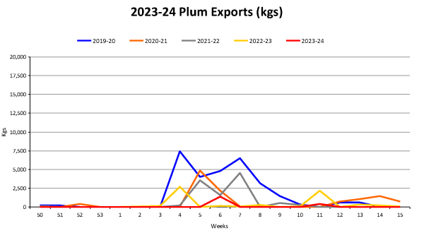 Plums Year To Date Weekly Volume Graph 2023 24 as at 20240415
